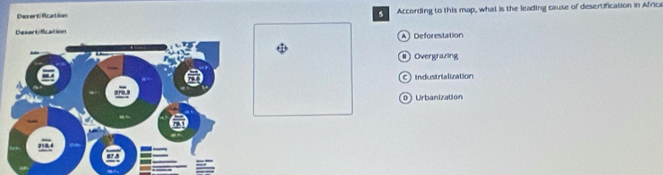 Desertification According to this map, what is the leading cause of desertification in Africa
Desortifcation
A Deforestation
Overgrazing
C) Industrialization
0Urbanization