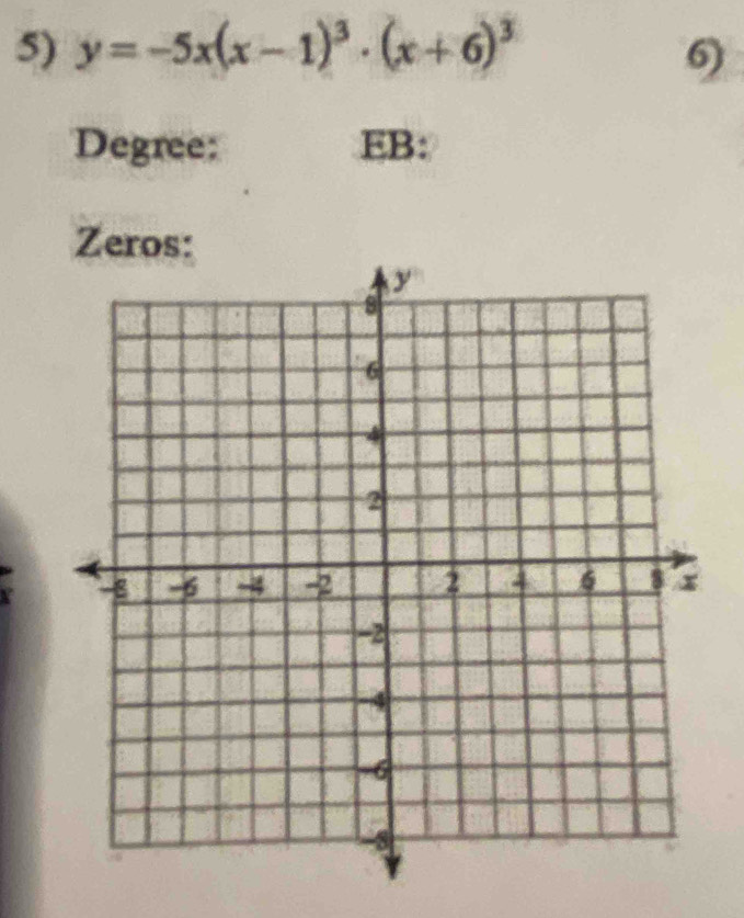 y=-5x(x-1)^3· (x+6)^3 6) 
Degree: EB: 
Zeros: