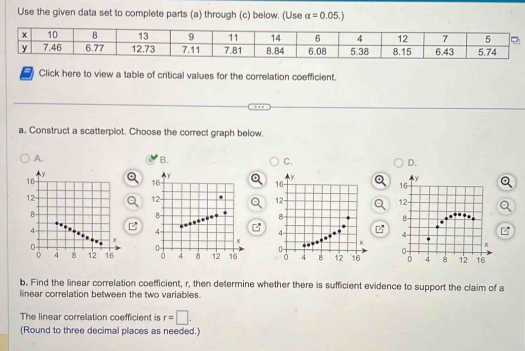 Use the given data set to complete parts (a) through (c) below. (Use alpha =0.05.)
a table of critical values for the correlation coefficient. 
a. Construct a scatterplot. Choose the correct graph below. 
A. 
B. 
C. 
D. 


b. Find the linear correlation coefficient, r, then determine whether there is sufficient evidence to support the claim of a 
linear correlation between the two variables. 
The linear correlation coefficient is r=□. 
(Round to three decimal places as needed.)