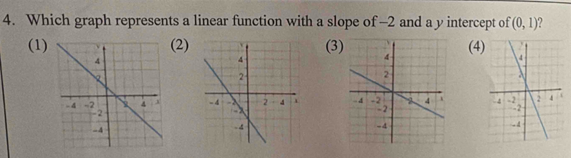 Which graph represents a linear function with a slope of -2 and a y intercept of (0,1) ?
(1)(2) (3(4