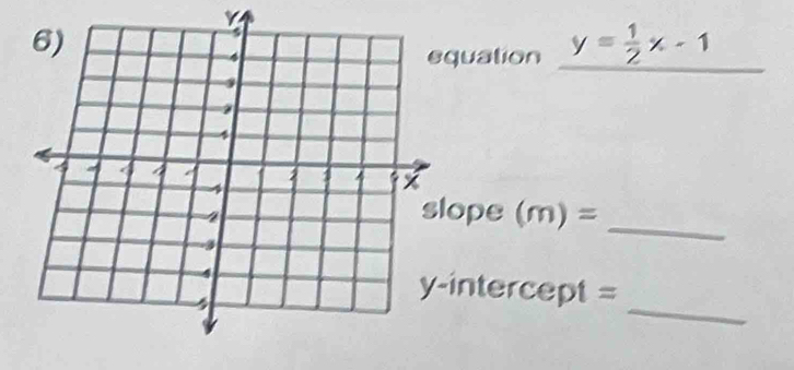 quation y= 1/2 x-1
ope (m)=
_
_
intercept=