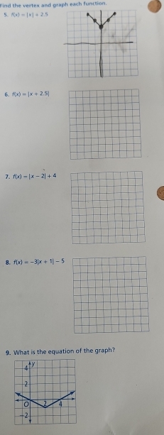 Find the vertex and graph each function. 
5. f(x)=|x|+2.5
6. f(x)=|x+2.5|
7. f(x)=|x-2|+4
8. f(x)=-3|x+1|-5
9. What is the equation of the graph?