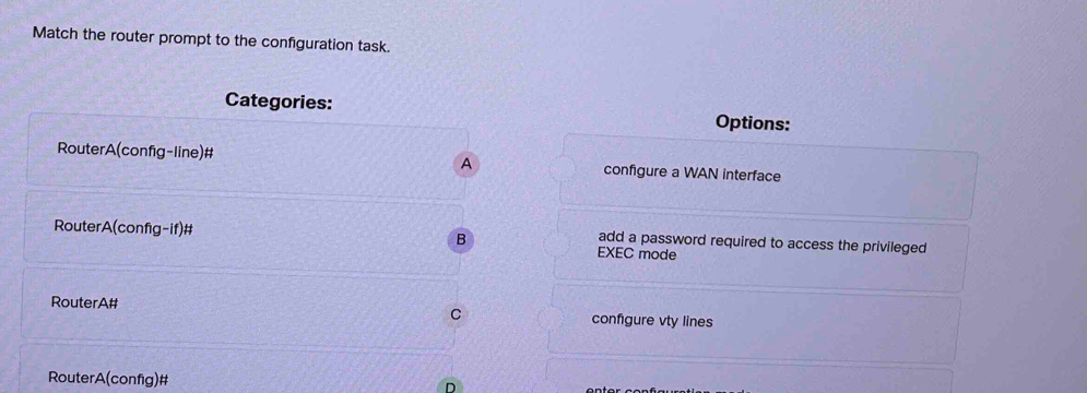 Match the router prompt to the configuration task.
Categories: Options:
Router A(config-line)# configure a WAN interface
A
Router A(config-if)H B EXEC mode
add a password required to access the privileged
RouterA# configure vty lines
C
Router A(config)