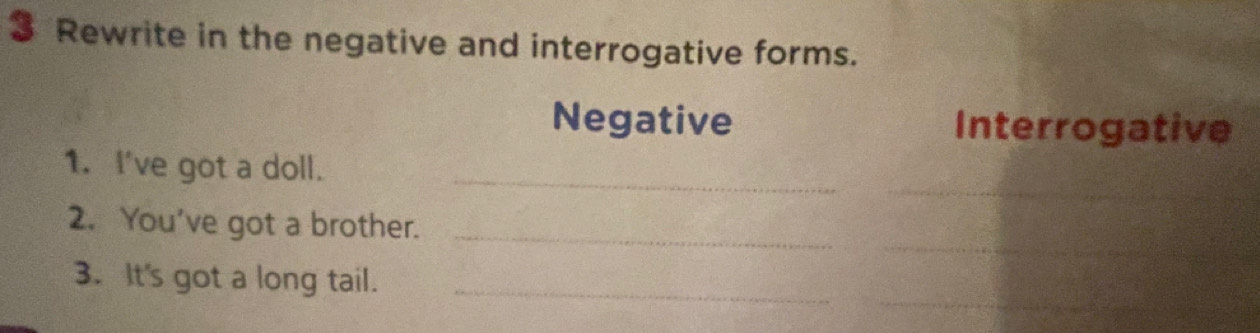 Rewrite in the negative and interrogative forms. 
Negative Interrogative 
_ 
1. I've got a doll._ 
_ 
2. You've got a brother._ 
_ 
3. It's got a long tail._