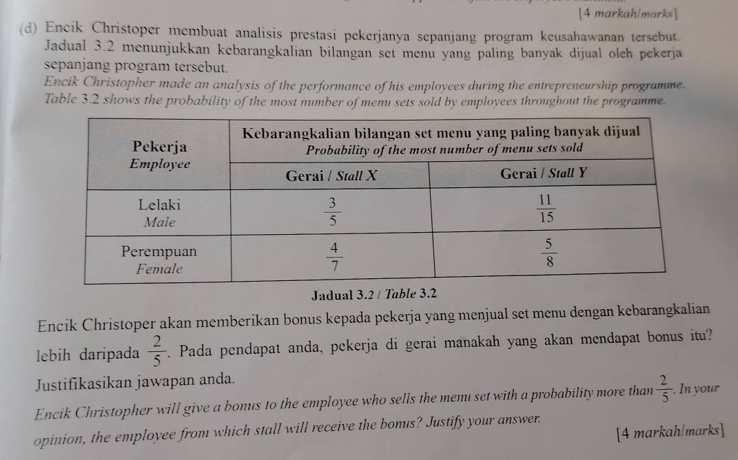 [4 markah/marks]
(d) Encik Christoper membuat analisis prestasi pekerjanya sepanjang program keusahawanan tersebut.
Jadual 3.2 menunjukkan kebarangkalian bilangan set menu yang paling banyak dijual oleh pekerja
sepanjang program tersebut.
Encik Christopher made an analysis of the performance of his employees during the entrepreneurship programme.
Table 3.2 shows the probability of the most number of menu sets sold by employees throughout the programme.
Jadual 3.2 / Table 3.2
Encik Christoper akan memberikan bonus kepada pekerja yang menjual set menu dengan kebarangkalian
lebih daripada  2/5 . r. Pada pendapat anda, pekerja di gerai manakah yang akan mendapat bonus itu?
Justifikasikan jawapan anda.
Encik Christopher will give a bonus to the employee who sells the memı set with a probability more than  2/5 .. In your
opinion, the employee from which stall will receive the bonus? Justify your answer.
[4 markah/marks]