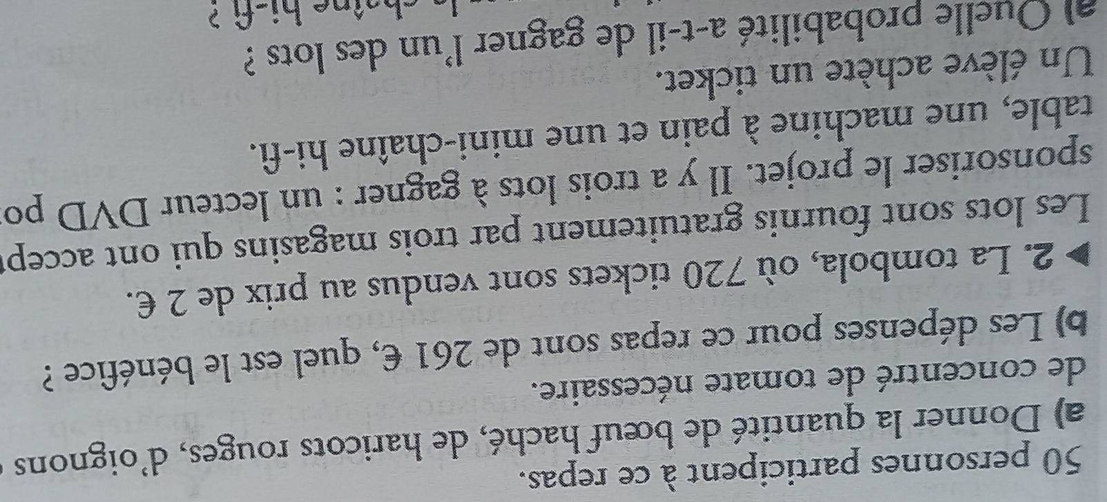 personnes participent à ce repas. 
a) Donner la quantité de bœuf haché, de haricots rouges, d'oignons 
de concentré de tomate nécessaire. 
b) Les dépenses pour ce repas sont de 261 €, quel est le bénéfice ? 
2. La tombola, où 720 tickets sont vendus au prix de 2 €. 
Les lots sont fournis gratuitement par trois magasins qui ont accept 
sponsoriser le projet. Il y a trois lots à gagner : un lecteur DVD po 
table, une machine à pain et une mini-chaîne hi-fì. 
Un élève achète un ticket. 
al Quelle probabilité a-t-il de gagner l'un des lots ? 
chaîne hi-f ?