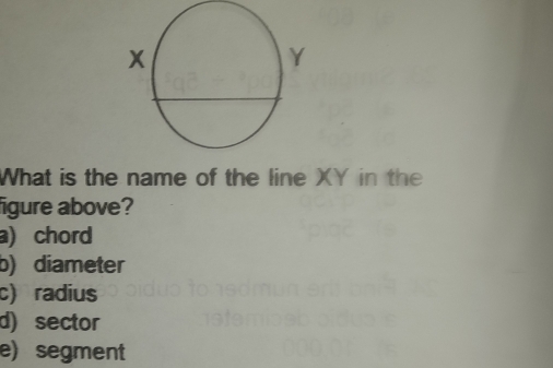 What is the name of the line XY in the
figure above?
a) chord
b) diameter
c) radius
d) sector
e) segment