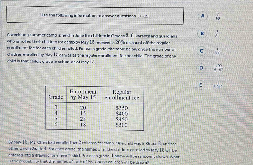 Use the following information to answer questions 17-19. A  7/60 
A weeklong summer camp is held in June for children in Grades 3 -6. Parents and guardians B  2/81 
who enrolled their children for camp by May 15 received a 20% discount off the regular
enrollment fee for each child enrolled. For each grade, the table below gives the number of C  1/300 
children enrolled by May 15 as well as the regular enrollment fee per child. The grade of any
child is that child's grade in school as of May 15.
D  100/2,187 
E  1/3,240 
By May 15 , Ms. Chen had enrolled her 2 children for camp. One child was in Grade 3, and the
other was in Grade 4. For each grade, the names of all the children enrolled by May 15 will be
entered into a drawing for a free T-shirt. For each grade, 1 name will be randomly drawn. What
is the probability that the names of both of Ms. Chen's children will be drawn?