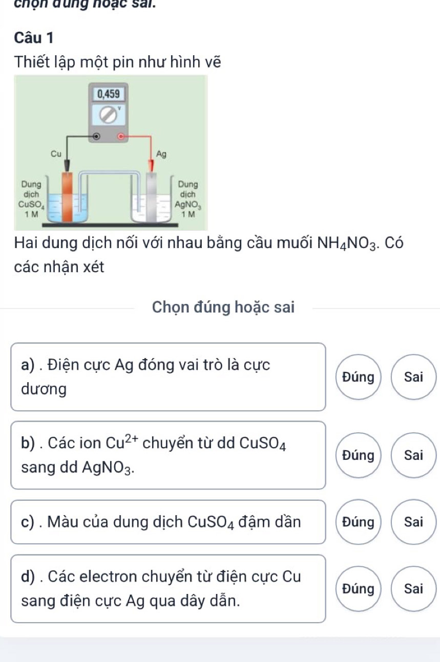 chọn dung noạc sai.
Câu 1
Thiết lập một pin như hình vẽ
Hai dung dịch nối với nhau bằng cầu muối NH_4NO_3 Có
các nhận xét
Chọn đúng hoặc sai
a) . Điện cực Ag đóng vai trò là cực
Đúng Sai
dương
b) . Các ion Cu^(2+) chuyển từ dd CuSO_4
Đúng Sai
sang dd AgNO_3.
c) . Màu của dung dịch CuSO_4 đậm dần Đúng Sai
d) . Các electron chuyển từ điện cực Cu
Đúng Sai
sang điện cực Ag qua dây dẫn.