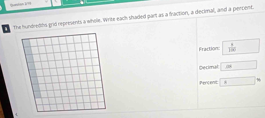 Question 2/10 
The hundredths grid represents a whole. Write each shaded part as a fraction, a decimal, and a percent. 
Fraction:  8/100 
Decimal: .08 
Percent: ^circ  896