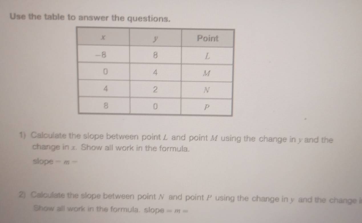 Use the table to answer the questions. 
1) Calculate the slope between pointL and point M using the change in y and the 
change in x. Show all work in the formula. 
slope -m=
2) Calculate the slope between point N and point P using the change in y and the change i 
Show all work in the formula. slope =m=