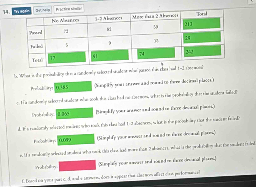 What is the probability that a randomly selected student who passed this 
Probability: 0.385 (Simplify your answer and round to three decimal places.) 
c. If a randomly selected student who took this class had no absences, what is the probability that the student failed? 
Probability: 0.065 (Simplify your answer and round to three decimal places.) 
d. If a randomly selected student who took this class had 1-2 absences, what is the probability that the student failed? 
Probability: 0.099 (Simplify your answer and round to three decimal places.) 
e. If a randomly selected student who took this class had more than 2 absences, what is the probability that the student failed 
Probability: (Simplify your answer and round to three decimal places.) 
f. Based on your part c, d, and e answers, does it appear that absences affect class performance?