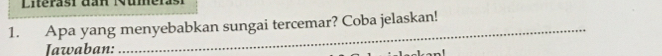 Literasi đan Numerasi 
1. Apa yang menyebabkan sungai tercemar? Coba jelaskan! 
Iawaban: