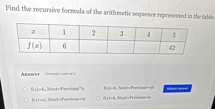 Find the recursive formula of the arithmetic sequence represented in the table.
Answer Attempt 1 out of 2
f(1)=6 , Next =P revi 0us°9 f(1)=6 =Pre ious+36 Submit Answer
f(1)=0 =Previous+9 f(1)=6 , Next =P revio us+9