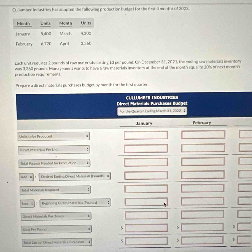 Cullumber Industries has adopted the following production budget for the first 4 months of 2022. 
Each unit requires 2 pounds of raw materials costing $3 per pound. On December 31, 2021, the ending raw materials inventory 
was 3,360 pounds. Management wants to have a raw materials inventory at the end of the month equal to 20% of next month's 
production requirements 
Prepare a direct materials purchases budget by month for the first quarter. 
CULLUMBER INDUSTRIES 
Direct Materials Purchases Budget 
For the Quarter Ending March 31, 2022 $ 
_ 
January February 
_ 
Units to be Produced 
Direct Materials Per Unit 
Total Pounds Needed for Production : 
Add $ Desired Ending Direct Materials (Pounds) $
Total Materials Required : 
Less ‡ Beginning Direct Materials (Pounds) : 
Direct Materials Purchases : 
Cost Per Pound
$
s
$
Iotai Cost of Direct Materials Purchases ;
$
$