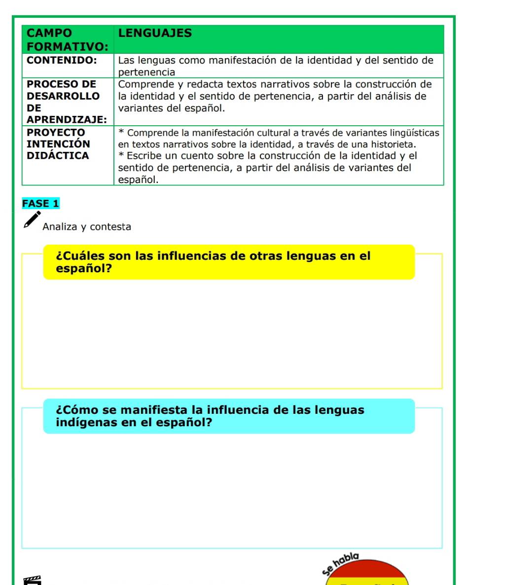 FASE 1 
Analiza y contesta 
¿Cuáles son las influencias de otras lenguas en el 
español? 
¿Cómo se manifiesta la influencia de las lenguas 
indígenas en el español? 
sehablo