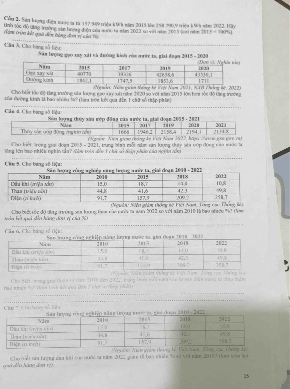 Sản lượng điện nước ta từ 157 949 triệu kWh năm 2015 lên 258 790,9 triệu kWh năm 2022. Hãy
tính tốc độ tăng trường sản lượng điện của nước ta năm 2022 so với năm 2015 (coi năm 2015=100% ),
(làm tròn kết quá đến hàng đơn vị của %)
_
Câu 3. Cho bảng số liệu:
Sản lượng gạo xay xát và đường kính của nước ta, giai đoạn 2015 - 2020
(Nguồn: Niên giám thống kê Việt Nam 2021, NXB Thổng kê, 2022)
Cho biết tốc độ tăng trưởng sản lượng gạo xay xát năm 2020 so với năm 2015 lớn hơn tốc độ tăng trưởng
_
của đường kinh là bao nhiêu %? (làm tròn kết quả đến 1 chữ số thập phân)
Câu 4. Cho bảng số liệu:
(Nguồn: Niên giám thống kê Việt Nam 2022, https://www.gso.gov.vn)
Cho biết, trong giai đoạn 2015 - 2021, trung bình mỗi năm sản lượng thủy sản ướp đông của nước ta
tăng lên bao nhiêu nghìn tấn? (làm tròn đến 1 chữ số thập phân của nghìn tấn)
Câu 5. Cho bảng số liệu:
(Nguồn: Niên giám thống kê 
Cho biết tốc độ tăng trưởng sản lượng than của nước ta năm 2022 so với năm 2010 là bao nhiêu %? (làm
tròn kết quả đến hàng đơn vị của %)
_
Câu 6. Cho bảng số liệu:
Cho biết, trong giai đoạn từ năm 2010 đến 2022, trung bình mỗi năm sản lượng điện nước ta tăng thêm
bao nhiều %2 tlàm tròn kết qua đến 1 chữ số thập phần)
_
_
Câu 7. Cho bàng số liệu:
(Nguồn: Niên
Cho biết sản lượng dầu khí của nước ta năm 2022 giám đi bao nhiêu % so với năm 2010? (lùm tròn kết
quả đến hàng đơn vị)
15