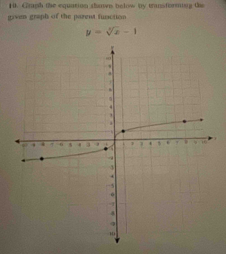 Craph the equation shown below by transforming the 
grven graph of the parent function
y=sqrt[3](x)-1
y