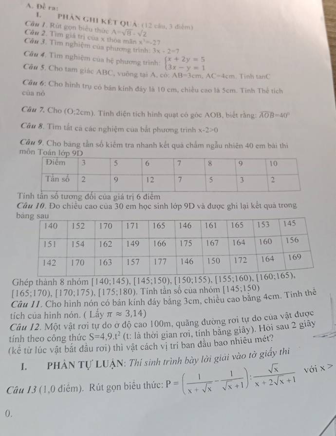 Đề ra:
I.  PHẢN GHI KÊT QUả: (12 câu, 3 diễm)
Câu I. Rút gọn biểu thức A=sqrt(8)-sqrt(2)
Câu 2. Tìm giá trị của x thòa mãn x^3=-2
Câu 3. Tìm nghiệm của phương trình: 3x-2=7
Câu 4. Tìm nghiệm của hệ phương trình: beginarrayl x+2y=5 3x-y=1endarray.
Câu 5. Cho tam giác ABC, vuỡng tại A. có: AB=3cm,AC=4cm. Tinh tan C
Cầu 6: Cho hình trụ có bán kính đây là 10 cm, chiều cao là 5cm. Tinh Thể tích
cùa nò
Câu 7. Cho (0:2cm). Tính diện tích hình quạt có góc AOB, biết rằng: overline AOB=40°
Câu 8. Tìm tất cả các nghiệm của bắt phương trình x-2>0
Câu 9. Cho bảng tần số kiểm tra nhanh kết quá chẩm ngẫu nhiên 40 em bài thi
môn Toán
Tính tần số tương đối của giá trị 6 điểm
Câu 10. Đo chiều cao của 30 em học sinh lớp 9D và được ghi lại kết quả trong
Ghép thành 8 nhóm [140;145),[145;150),[150;155),[155;160),[160;165),
[165;170),[170;175),[175;180). Tính tần số của nhóm [145;150)
Câu 11. Cho hình nón có bán kính đáy bảng 3cm, chiều cao bằng 4cm. Tính thể
tích của hình nón. ( Lấy π approx 3,14)
Câu 12. Một vật rơi tự do ở độ cao 100m, quãng đường rơi tự do của vật được
tính theo công thức S=4,9.t^2 (t: là thời gian rơi, tính bằng giây). Hòi sau 2 giây
(kê từ lúc vật bắt đầu rơi) thì vật cách vị trí ban đầu bao nhiêu mét?
I.  PHẢN Tự LUẠN: Thí sinh trình bày lời giải vào tờ giấy thi
Câu 13 (1,0 điểm). Rút gọn biểu thức: P=( 1/x+sqrt(x) - 1/sqrt(x)+1 ): sqrt(x)/x+2sqrt(x)+1  với x>
0.