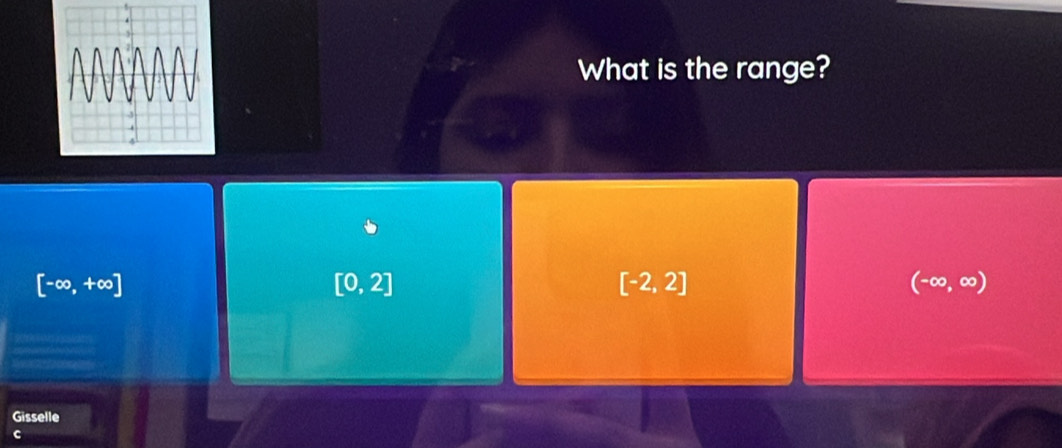 What is the range?
[-∈fty ,+∈fty ]
[0,2]
[-2,2]
(-∈fty ,∈fty )
Gisselle
C