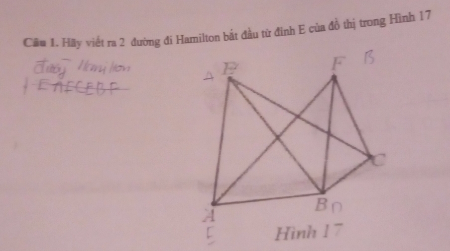 Cầu 1. Hãy viết ra 2 đường đi Hamilton bắt đầu từ đình E của đồ thị trong Hình 17