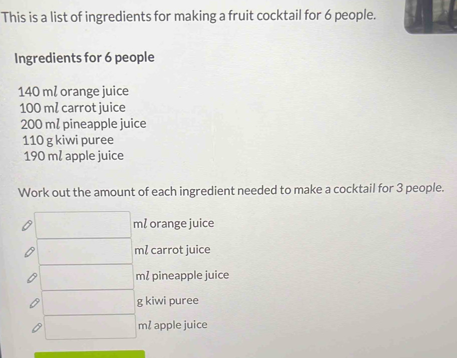 This is a list of ingredients for making a fruit cocktail for 6 people. 
Ingredients for 6 people
140 m² orange juice
100 ml carrot juice
200 ml pineapple juice
110 g kiwi puree
190 m² apple juice 
Work out the amount of each ingredient needed to make a cocktail for 3 people. 
orange juice
ml carrot juice 
m/ pineapple juice 
g kiwi puree
ml apple juice