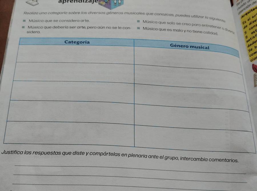 aprendizaje 
vado l 
tanción de 
Arquite 
Realiza una categoría sobre los diversos géneros musicales que conozcas, puedes utilizar la siguiente 
a Música que se considera arte. 
Es el ar 
le dise 
Música que solo se crea para entretener o divere con: 
Música que debería ser arte, pero aún no se le con- Música que es mala y no tiene ca 
sidera. 
es 
tis ! 
a de 
e b 
com 
cior 
_ 
Junte el grupo, intercambia comentarios. 
_ 
_