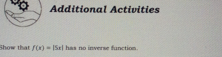 Additional Activities 
Show that f(x)=|5x| has no inverse function.