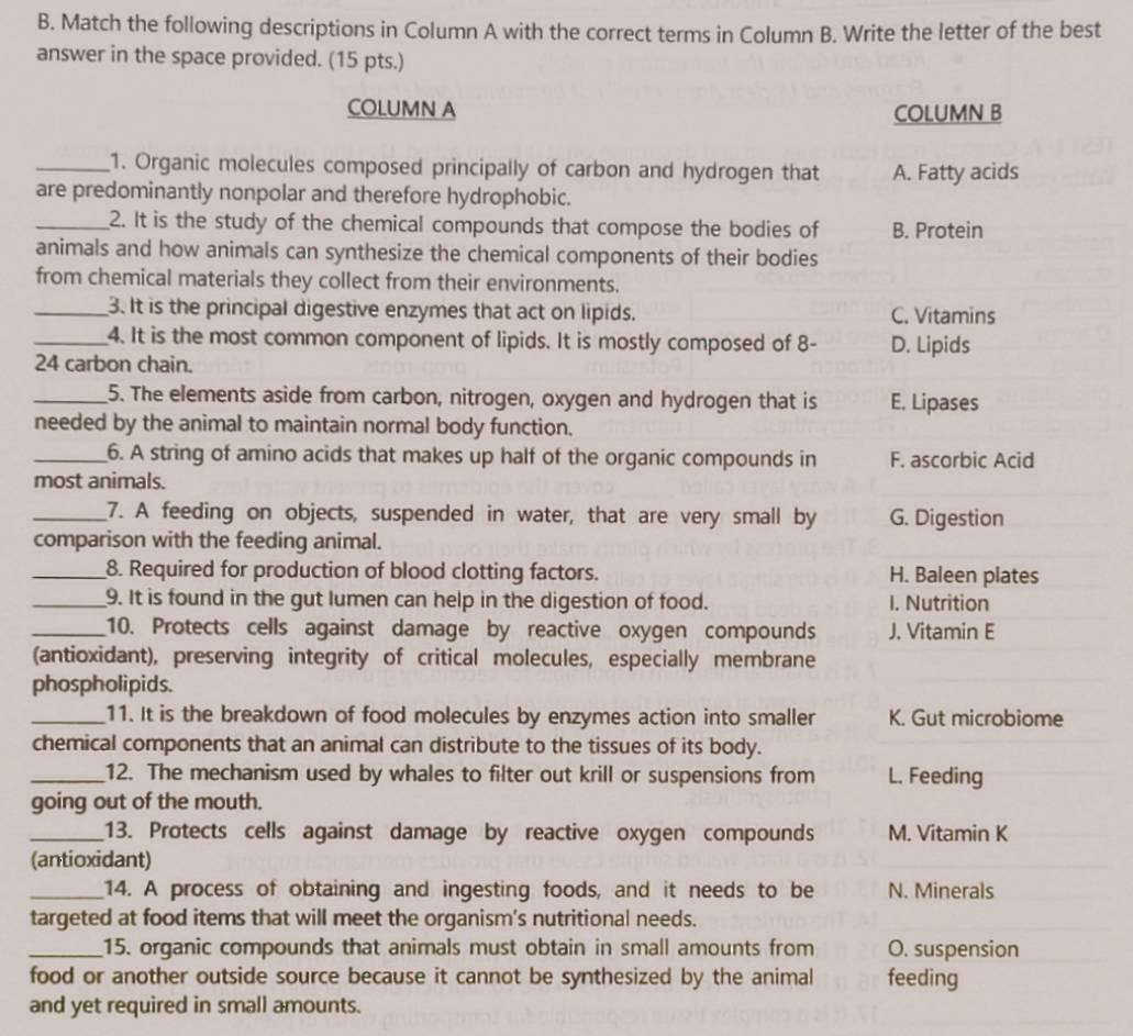 Match the following descriptions in Column A with the correct terms in Column B. Write the letter of the best
answer in the space provided. (15 pts.)
COLUMN A COLUMN B
_1. Organic molecules composed principally of carbon and hydrogen that A. Fatty acids
are predominantly nonpolar and therefore hydrophobic.
_2. It is the study of the chemical compounds that compose the bodies of B. Protein
animals and how animals can synthesize the chemical components of their bodies
from chemical materials they collect from their environments.
_3. It is the principal digestive enzymes that act on lipids. C. Vitamins
_4. It is the most common component of lipids. It is mostly composed of 8- D. Lipids
24 carbon chain.
_5. The elements aside from carbon, nitrogen, oxygen and hydrogen that is E. Lipases
needed by the animal to maintain normal body function.
_6. A string of amino acids that makes up half of the organic compounds in F. ascorbic Acid
most animals.
_7. A feeding on objects, suspended in water, that are very small by G. Digestion
comparison with the feeding animal.
_8. Required for production of blood clotting factors. H. Baleen plates
_9. It is found in the gut lumen can help in the digestion of food. I. Nutrition
_10. Protects cells against damage by reactive oxygen compounds J. Vitamin E
(antioxidant), preserving integrity of critical molecules, especially membrane
phospholipids.
_11. It is the breakdown of food molecules by enzymes action into smaller K. Gut microbiome
chemical components that an animal can distribute to the tissues of its body.
_12. The mechanism used by whales to filter out krill or suspensions from L. Feeding
going out of the mouth.
_13. Protects cells against damage by reactive oxygen compounds M. Vitamin K
(antioxidant)
_14. A process of obtaining and ingesting foods, and it needs to be N. Minerals
targeted at food items that will meet the organism’s nutritional needs.
_15. organic compounds that animals must obtain in small amounts from O. suspension
food or another outside source because it cannot be synthesized by the animal feeding
and yet required in small amounts.