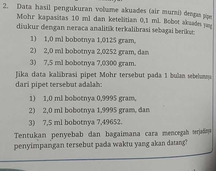 Data hasil pengukuran volume akuades (air murni) dengan pipet
Mohr kapasitas 10 ml dan ketelitian 0,1 ml. Bobot akuades yang
diukur dengan neraca analitik terkalibrasi sebagai berikut:
1) 1,0 ml bobotnya 1,0125 gram,
2) 2,0 ml bobotnya 2,0252 gram, dan
3) 7,5 ml bobotnya 7,0300 gram.
Jika data kalibrasi pipet Mohr tersebut pada 1 bulan sebelumnya
dari pipet tersebut adalah:
1) 1,0 ml bobotnya 0,9995 gram,
2) 2,0 ml bobotnya 1,9995 gram, dan
3) 7,5 ml bobotnya 7,49652.
Tentukan penyebab dan bagaimana cara mencegah terjadinya
penyimpangan tersebut pada waktu yang akan datang?