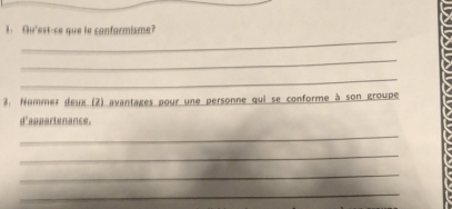 Qu'est-ce que le conformisme? 
_ 
_ 
_ 
3. Nommez deux (2) avantages pour une personne qui se conforme à son groupe 
d'appartenance. 
_ 
_ 
_ 
_