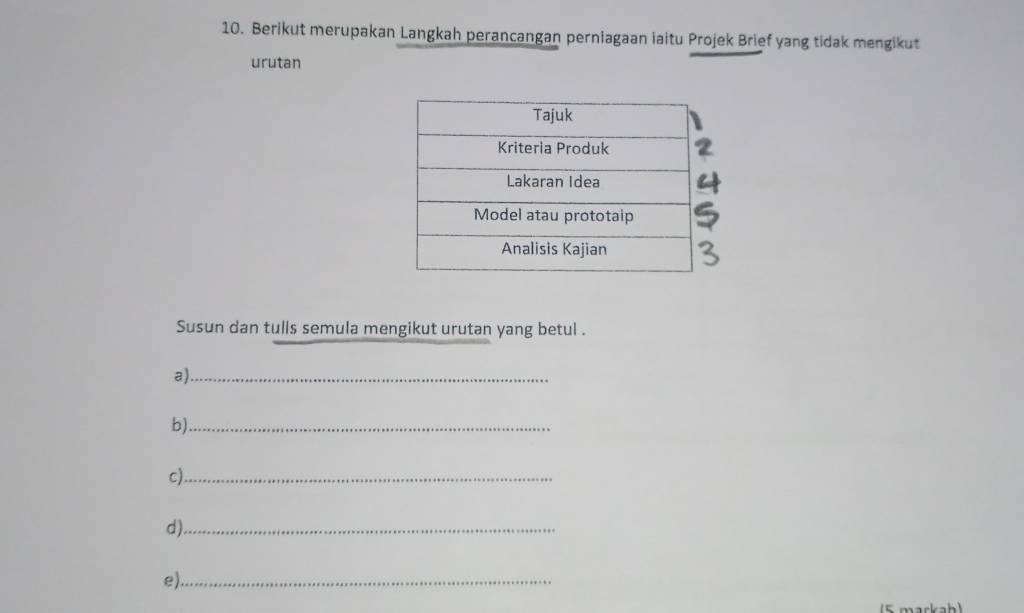 Berikut merupakan Langkah perancangan perniagaan iaitu Projek Brief yang tidak mengikut 
urutan 
Susun dan tulls semula mengikut urutan yang betul . 
a)._ 
b)_ 
c)_ 
d)._ 
e)_ 
( 5 markah )