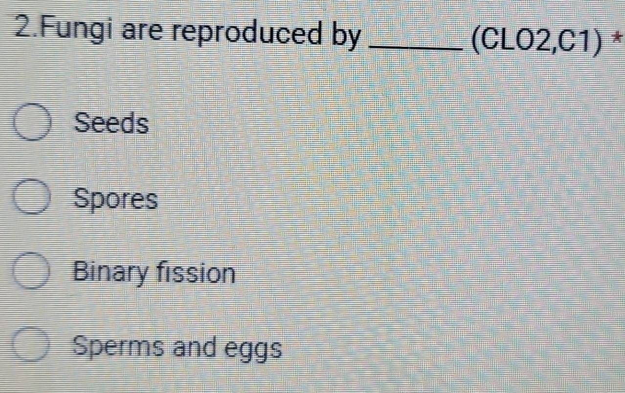 Fungi are reproduced by_
(CLO2,C1) *
Seeds
Spores
Binary fission
Sperms and eggs