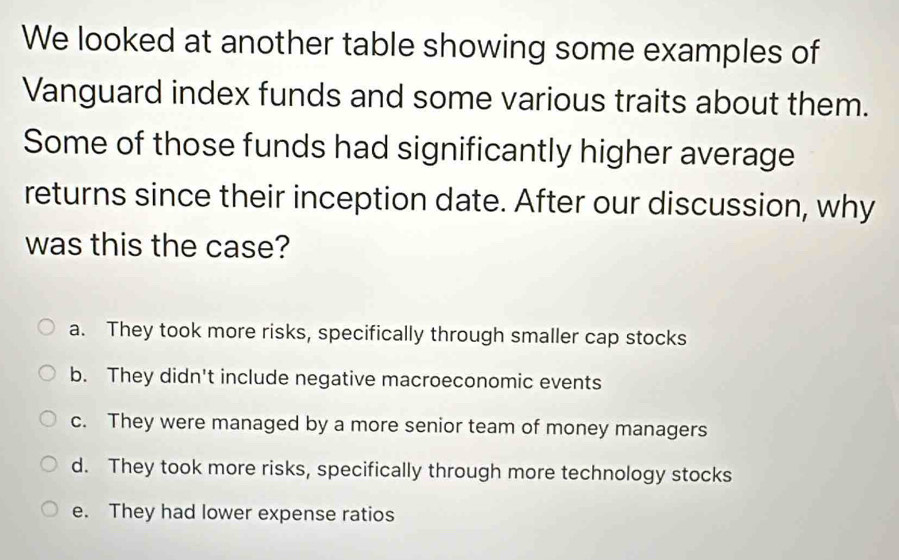 We looked at another table showing some examples of
Vanguard index funds and some various traits about them.
Some of those funds had significantly higher average
returns since their inception date. After our discussion, why
was this the case?
a. They took more risks, specifically through smaller cap stocks
b. They didn't include negative macroeconomic events
c. They were managed by a more senior team of money managers
d. They took more risks, specifically through more technology stocks
e. They had lower expense ratios