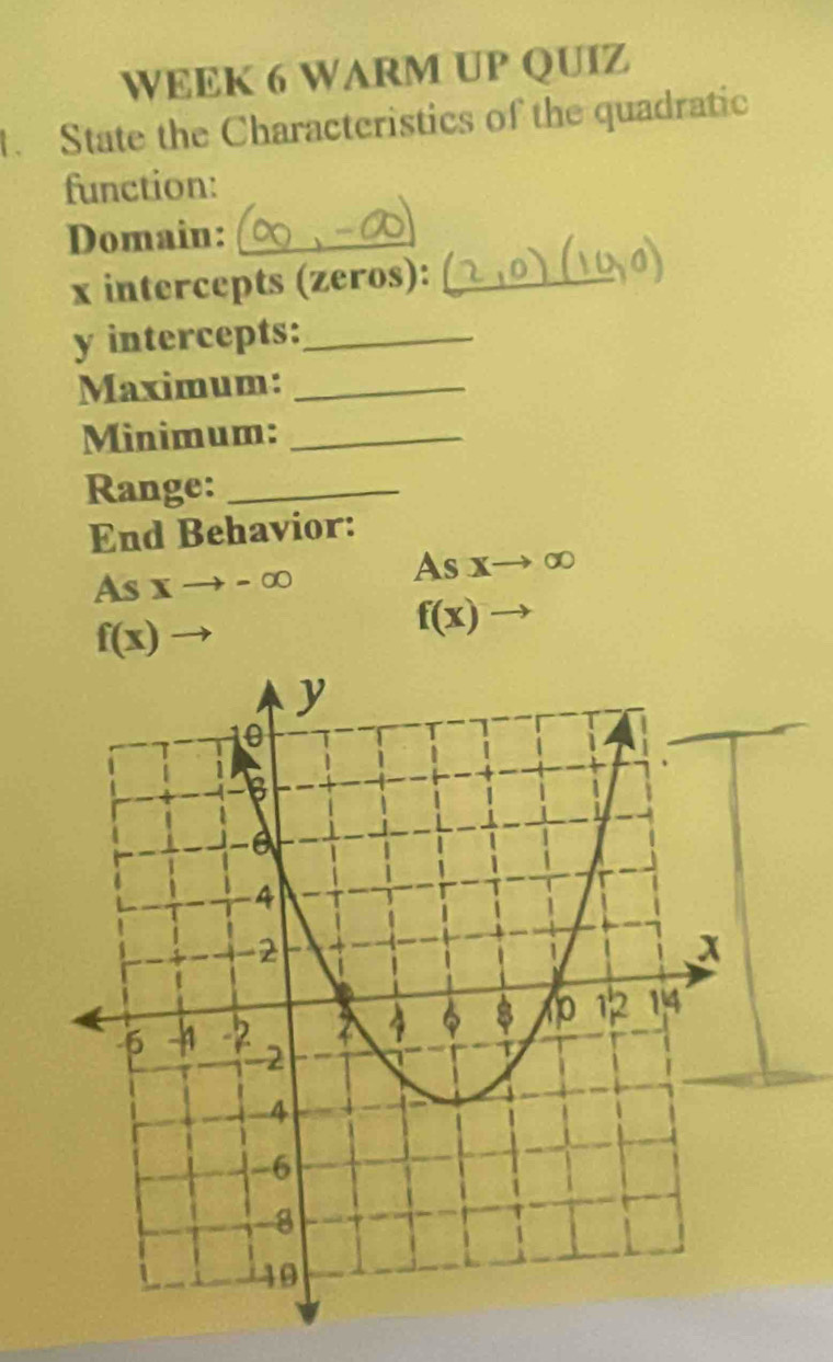 WEEK 6 WARM UP QUIZ 
. State the Characteristics of the quadratic 
function: 
Domain:_
x intercepts (zeros):_
y intercepts:_ 
Maximum:_ 
Minimum:_ 
Range:_ 
End Behavior: 
As xto -∈fty
Asxto ∈fty
f(x) to
f(x)to