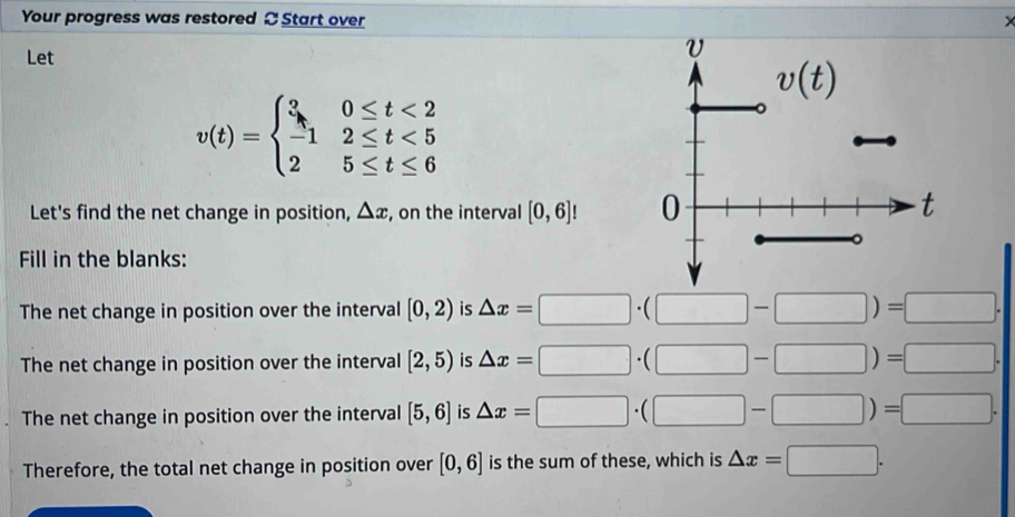 Your progress was restored C Start over
Let
v(t)=beginarrayl 30≤ t<2 -12≤ t<5 25≤ t≤ 6endarray.
Let's find the net change in position, △ x , on the interval [0,6]!
Fill in the blanks:
The net change in position over the interval [0,2) is △ x=□ · (□ -□ )=□ .
The net change in position over the interval [2,5) △ x=□ · (□ -□ )=□ . is
The net change in position over the interval [5,6] is △ x=□ · (□ -□ )=□ ·
Therefore, the total net change in position over [0,6] is the sum of these, which is △ x=□ .