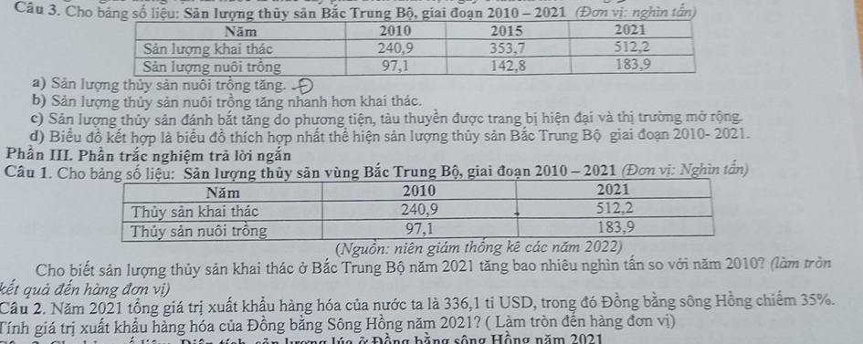 Cho bảng số liệu: Sản lượng thủy sản Bắc Trung Bộ, giai đoạn 2010 - 2021 (Đơn vị: nghìn tắn) 
a) Sản lượng thủy sản nuôi trồng tăng. 
b) Sản lượng thủy sản nuôi trồng tăng nhanh hơn khai thác. 
c) Sản lượng thủy sản đánh bắt tăng do phương tiện, tàu thuyền được trang bị hiện đại và thị trường mở rộng. 
d) Biểu đồ kết hợp là biểu đồ thích hợp nhất thể hiện sản lượng thủy sản Bắc Trung Bộ giai đoạn 2010- 2021. 
Phần III. Phần trắc nghiệm trã lời ngắn 
Câu 1. Cho bảng số liệu: Sản lhủy sản vùng Bắc Trung Bộ, giai đoạn 2010 - 2021 (Đơn vị: Nghìn tấn) 
(Nguồn: niên giám thống kê các năm 2022) 
Cho biết sản lượng thủy sản khai thác ở Bắc Trung Bộ năm 2021 tăng bao nhiêu nghìn tấn so với năm 2010? (làm tròn 
kết quả đến hàng đơn vị) 
Cầu 2. Năm 2021 tổng giá trị xuất khẩu hàng hóa của nước ta là 336, 1 tỉ USD, trong đó Đồng bằng sông Hồng chiếm 35%. 
Tính giá trị xuất khẩu hàng hóa của Đồng bằng Sông Hồng năm 2021? ( Làm tròn đến hàng đơn vị) 
* Đồng bằng sông Hồng năm 2021