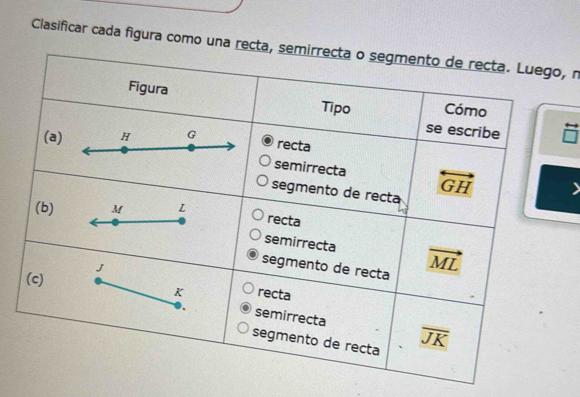 Clasificar cada figura como una rect, n
 rightarrow /□  
D