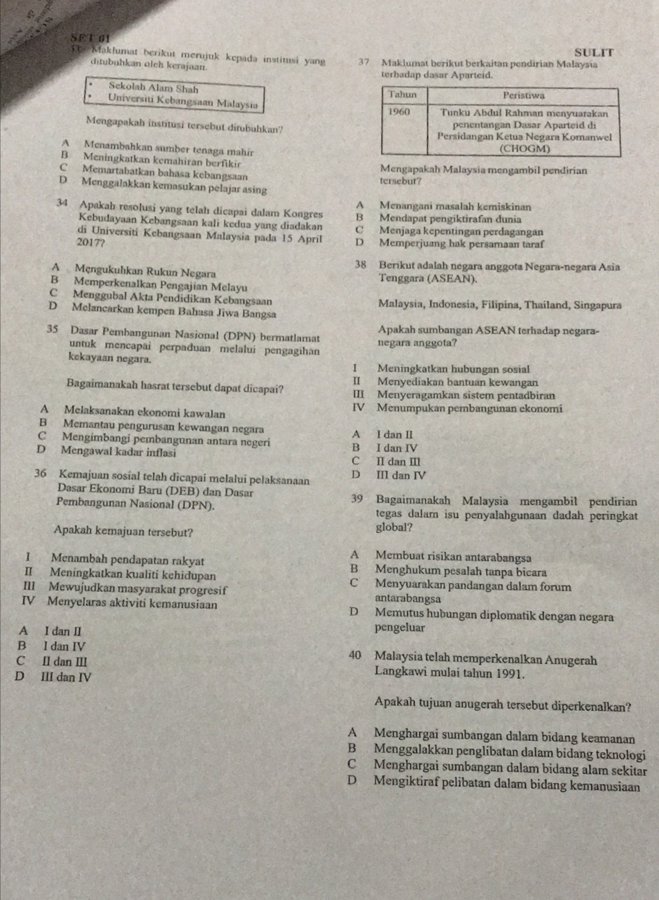 SET 01
SULIT
3. Maklumat berikut merujuk kepada institusi yang 37 Maklumat berikut berkaitan pendirian Malaysia
ditubuhkan olch kerajaan.
terhadap dasar Aparteid.
Sekolah Alam Shah 
Universiti Kebangsaan Malaysia
Mengapakah institusi tersebut ditubuhkan?
A Menambahkan sumber tenaga mahir
B Meningkatkan kemahiran berfikir Mengapakah Malaysia mengambil pendirian
C Memartabatkan bahasa kebangsaan tersebut?
D Menggalakkan kemasukan pelajar asing
A Menangani masalah kemiskinan
34 Apakah resolusi yang telah dicapai dalam Kongres B Mendapat pengiktirafan dunia
Kebudayaan Kebangsaan kali kedua yang diadakan C Menjaga kepentingan perdagangan
di Universiti Kebangsaan Malaysia pada 15 April
2017? D Memperjuang hak persamaan taraf
38 Berikut adalah negara anggota Negara-negara Asia
A Mẹngukuhkan Rukun Negara Tenggara (ASEAN).
B Memperkenalkan Pengajian Melayu
C Menggubal Akta Pendidikan Kebangsaan Malaysia, Indonesia, Filipina, Thailand, Singapura
D Melancarkan kempen Bahasa Jiwa Bangsa
Apakah sumbangan ASEAN terhadap negara-
35 Dasar Pembangunan Nasional (DPN) bermatlamat negara anggota?
untuk mencapai perpađuan melaluí pengagihan
kekayaan negara.
I Meningkatkan hubungan sosial
II Menyediakan bantuan kewangan
Bagaimanakah hasrat tersebut dapat dicapai? III Menyeragamkan sistem pentadbiran
A Melaksanakan ekonomi kawalan IV Menumpukan pembangunan ekonomi
B Memantau pengurusan kewangan negara A I dan II
C Mengimbangi pembangunan antara negeri
D Mengawal kadar inflasi B I dan IV C I dan Ⅲ
36 Kemajuan sosial telah dicapai melalui pelaksanaan D III dan IV
Dasar Ekonomi Baru (DEB) dan Dasar 39 Bagaimanakah Malaysia mengambil pendirian
Pembangunan Nasional (DPN).
tegas dalam isu penyalahgunaan dadah peringkat
Apakah kemajuan tersebut?
global?
A Membuat risikan antarabangsa
I Menambah pendapatan rakyat B Menghukum pesalah tanpa bicara
I Meningkatkan kualiti kehidupan C Menyuarakan pandangan dalam forum
III Mewujudkan masyarakat progresif antarabangsa
IV Menyelaras aktiviti kemanusiaan D Memutus hubungan diplomatik dengan negara
A I dan II pengeluar
B I dan IV 40 Malaysia telah memperkenalkan Anugerah
C Il dan III Langkawi mulai tahun 1991.
D III dan IV
Apakah tujuan anugerah tersebut diperkenalkan?
A Menghargai sumbangan dalam bidang keamanan
B Menggalakkan penglibatan dalam bidang teknologi
C Menghargai sumbangan dalam bidang alam sekitar
D Mengiktiraf pelibatan dalam bidang kemanusiaan