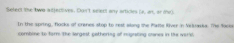 Select the two adjectives. Don't select any articles (a,an, or the). 
In the spring, flocks of cranes stop to rest allong the Platte River in Nebraska. The flocks 
combine to form the largest gathering of migrating cranes in the world.