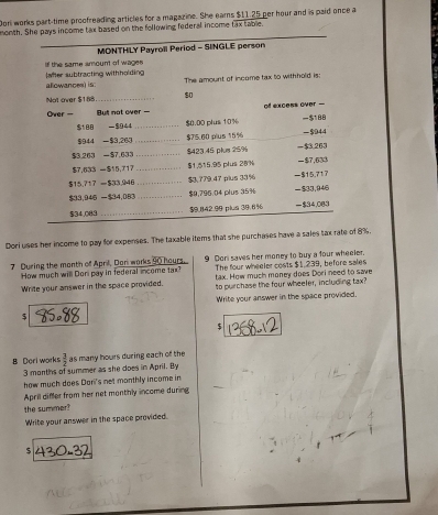 Don works part-time proofreading articles for a magazine. She earns $11.25 per hour and is paid once a 
month. She pays income tax based on the following federal income fax table 
MONTHLY Payroll Period - SINGLE person 
if the same amount of wages lafter subtracting withholding 
allowances) is: The amount of income tax to withhold is: 
Not over $188 _ $0
Over = But not over — of excess over —
$188 = $944 _ $0.00 plus 10% = $188
$944 - $3,260 _ $75.60 plus 15% - $944
$3.263 - $7.633 _ $423.45 plus 25% = $3.263
$7.633 $15,717 _ $1.515.95 plus 28% = $7,633
$15.717 = $33.946 _ $3,779.47 pius 33% $15.717
$33,945 - $34,083 _ $9,796.04 plus 35% = $33,946
$9.842.99 plua 39.6%
$34,083 _- $34,083
Dori uses her income to pay for expenses. The taxable items that she purchases have a sales tax rate of 8%
7 During the month of April, Dan works 90 hours. 9 Dori saves her money to buy a four wheeler. 
The four wheeler costs $1.239, before sales 
How much will Dori pay in federal income tax? tax. How much money does Dori need to save 
Write your answer in the space provided. to purchase the four wheeler, including tax? 
Write your answer in the space provided. 
$ 
$ 
B Deri works  3/2  as many hours during each of the
3 months of summer as she does in April. By 
how much does Dari's net monthly income in 
April differ from her net monthly income durin 
the summer? 
Write your answer in the space provided.