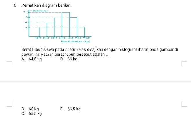 Perhatikan diagram berikut!
Berat Badan (kg)
Berat tubuh siswa pada suatu kelas disajikan dengan histogram ibarat pada gambar di
bawah ini. Rataan berat tubuh tersebut adalah .....
A. 64,5 kg D. 66 kg
B. 65 kg E. 66,5 kg
C. 65,5 kg