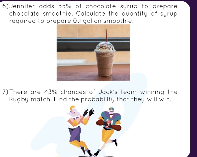 6)Jennifer adds 55% of chocolate syrup to prepare 
chocolate smoothie. Calculate the quantity of syrup 
required to prepare 0.1 gallon smoothie. 
7)There are 43% chances of Jack's team winning the 
Rugby match. Find the probability that they will win.