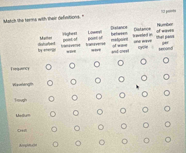 Match the terms with their definitions. * 12 points
Distance Number
Highest Lowest between Distance of waves
traveled in
Matter point of point of
disturbed transverse transverse midpoint one wave that pass
of wave per
wave cycle second
by energy wave and crest
Frequency
Wavelength
Trough
Medium
Crest
Amplitude