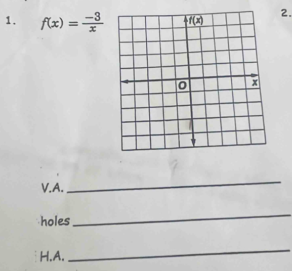 f(x)= (-3)/x 
2.
V.A.
_
holes
_
H.A.
_