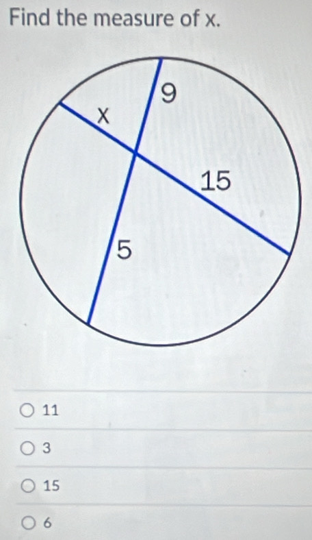 Find the measure of x.
11
3
15
6