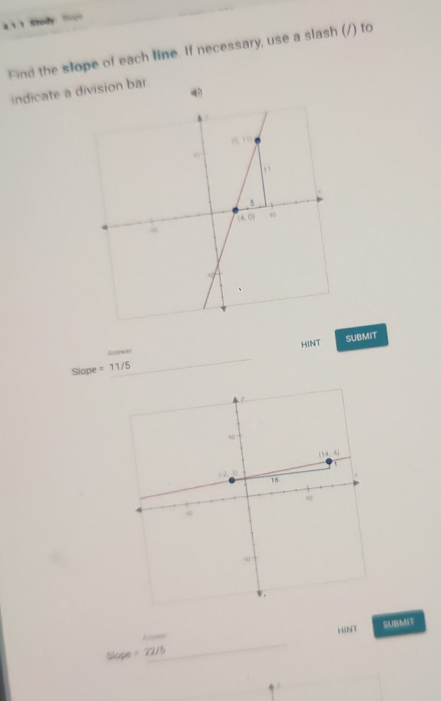 1.1 Stody Stopt
Find the slope of each line. If necessary, use a slash (/) to
indicate a division bar
Answer HINT
SUBMIT
_
Slope =11/5
_
HINT SUBMIT
Slope =22/5