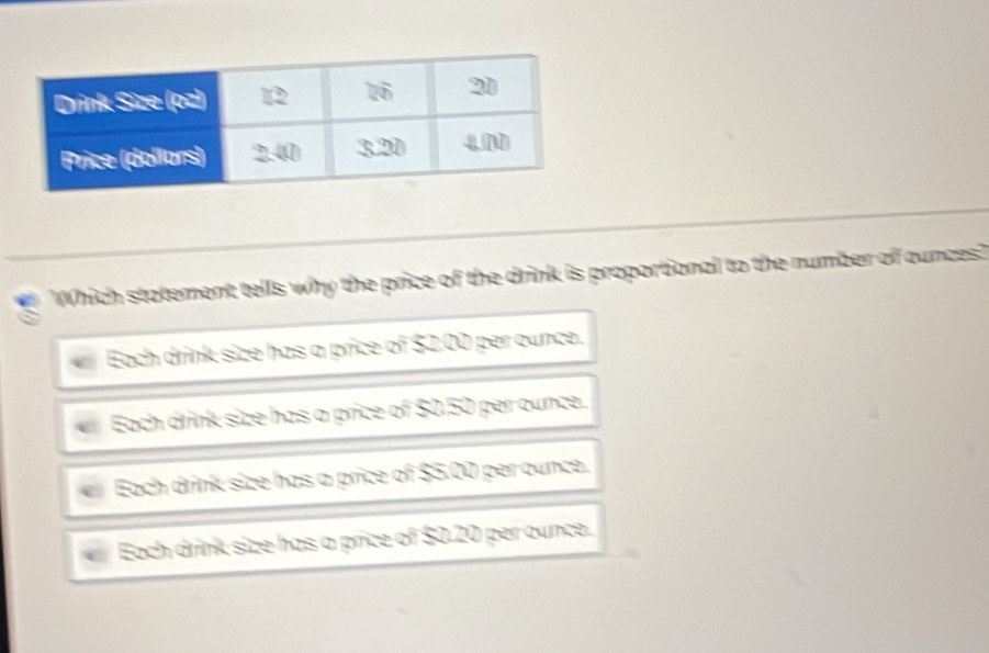 Which statement tells why the price of the drink is proportional to the number of cunces?
a Each drink size has a price of $2.00 per ounce.
Each drink size has a price of $0.50 per ounce.
Each drink size has a price of $5.00 per ounce.
Each drink size has a price of $0.20 per ounce.