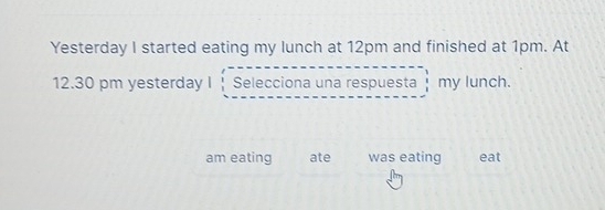 Yesterday I started eating my lunch at 12pm and finished at 1pm. At 
12.30 pm yesterday I Selecciona una respuesta my lunch. 
am eating ate was eating eat