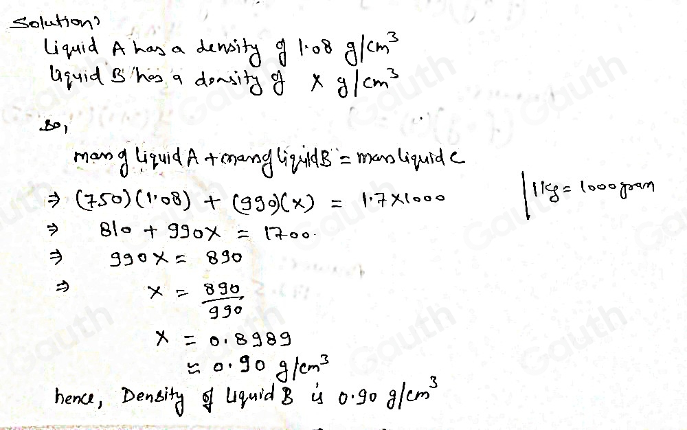 Solved: Liquid A has a density of 1.08g/cm^3. Liquid B has a density of ...